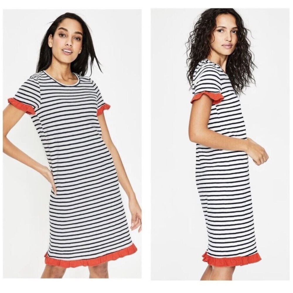 Boden Navy and White Striped Mini Dress with Red Ruffle Trim